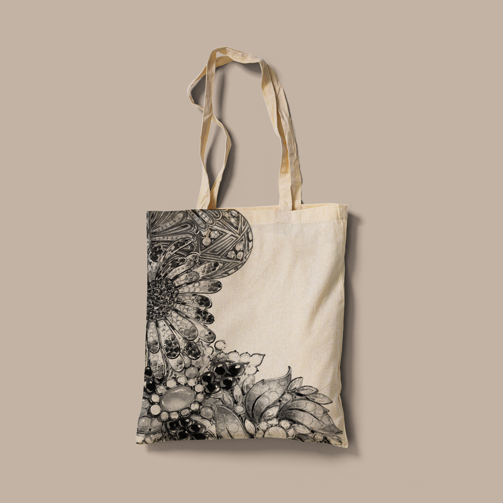 Tote Bag artistica in bianco e nero, ispirata ai Disegni di Gioielli del Museo Virtuale