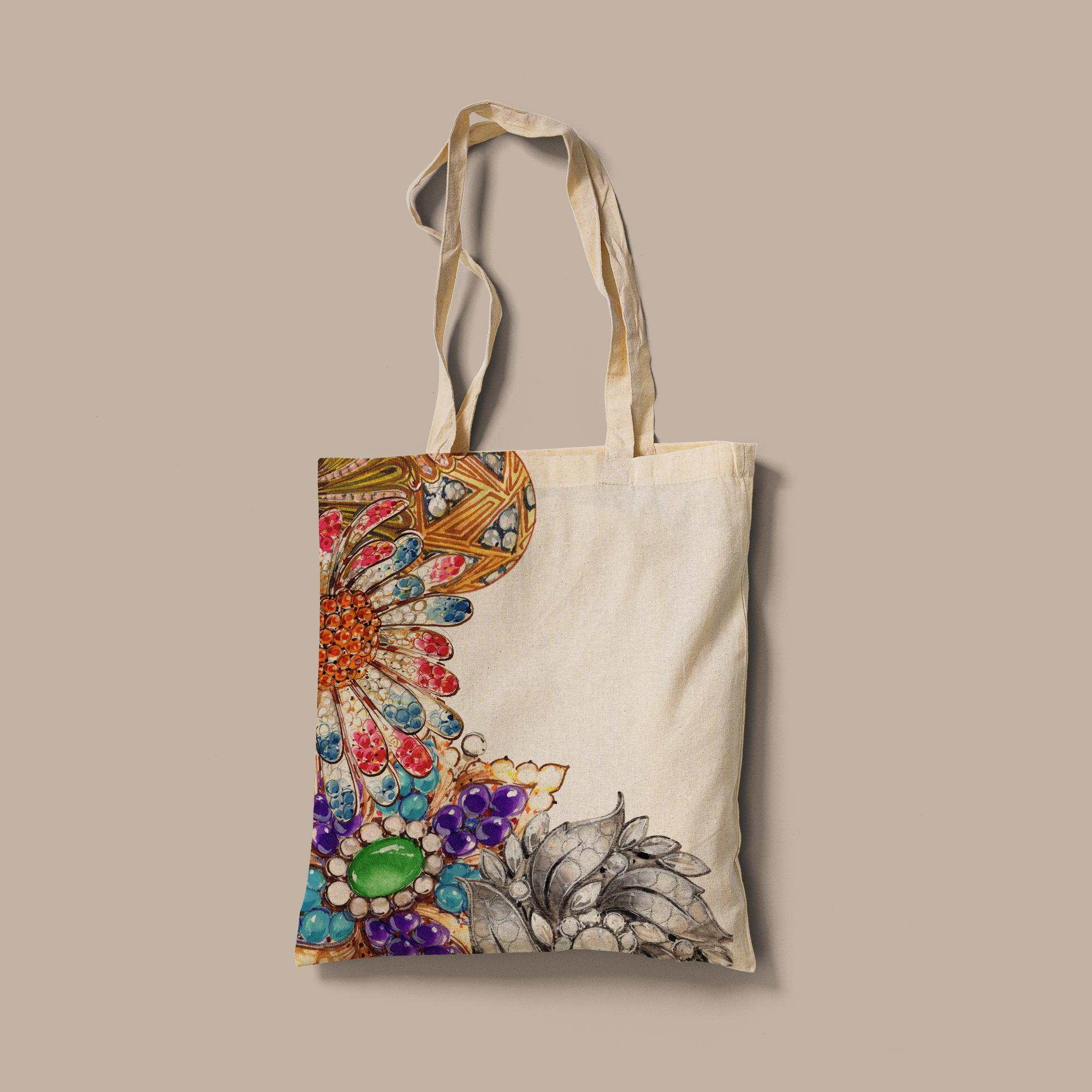 Tote Bag artistica a colori, ispirata ai Disegni di Gioielli del Museo Virtuale, motivo floreale prezioso