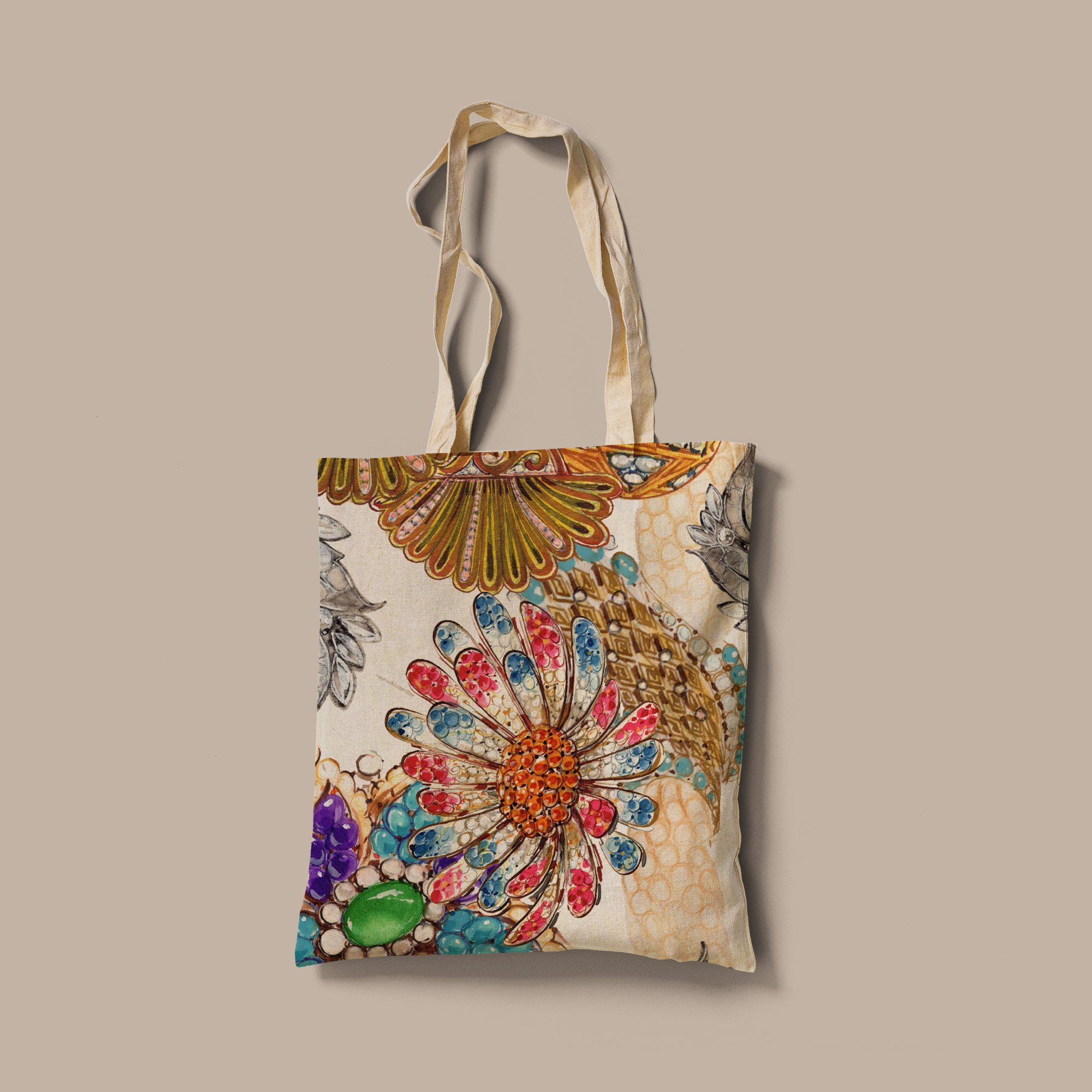 Tote Bag artistica a colori, ispirata ai Disegni di Gioielli del Museo Virtuale, motivo floreale luminoso